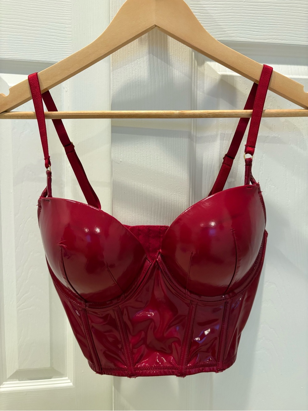 Glossy Longline Bustier Bra in Rich Panted Faux Leather Red